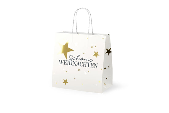 Mini-Geschenktüte Schöne Weihnachten in Cremeweiß mit goldenen Sternen, Papier 15 x 15 x 8 cm – Geschenk für Dich