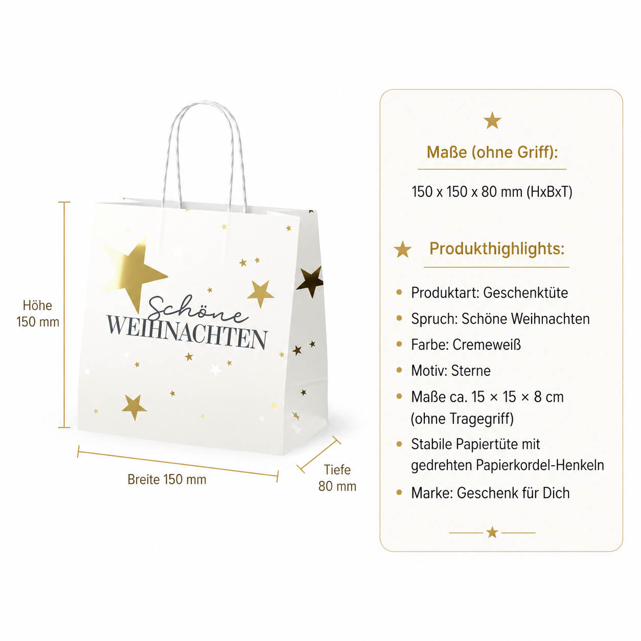 Mini-Geschenktüte Schöne Weihnachten – Maße und Produkthighlights, Papier mit Kordel-Henkeln