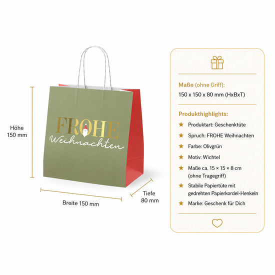 Mini-Geschenktüte Frohe Weihnachten – Maße und Produkthighlights, Papier mit Kordel-Henkeln