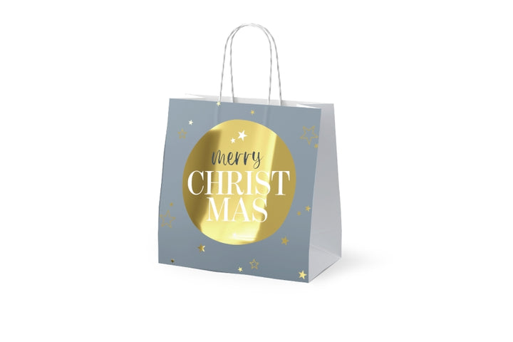 Mini-Geschenktüte Merry Christmas in Blaugrau mit goldenem Kreis, Papier 15 x 15 x 8 cm – Geschenk für Dich