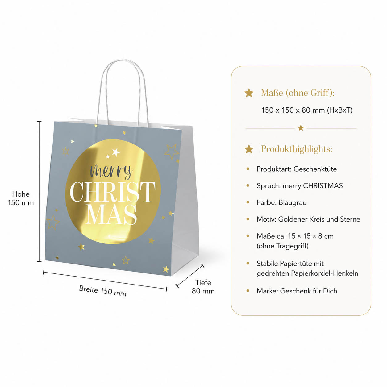 Mini-Geschenktüte Merry Christmas – Maße und Produkthighlights, Papier mit Kordel-Henkeln
