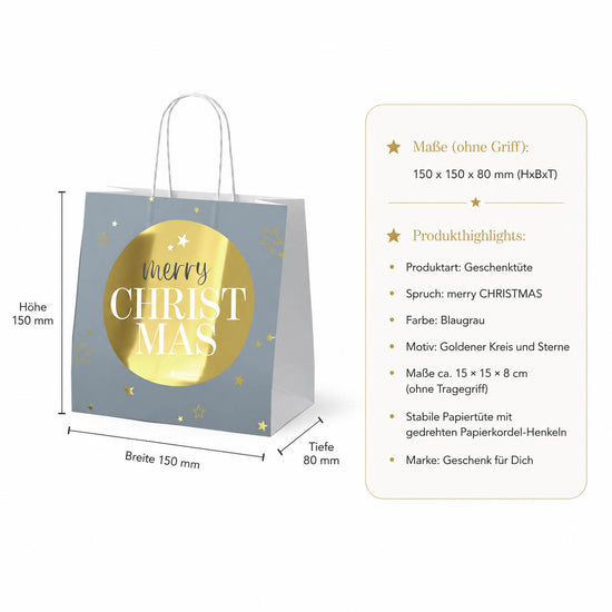 Mini-Geschenktüte Merry Christmas – Maße und Produkthighlights, Papier mit Kordel-Henkeln