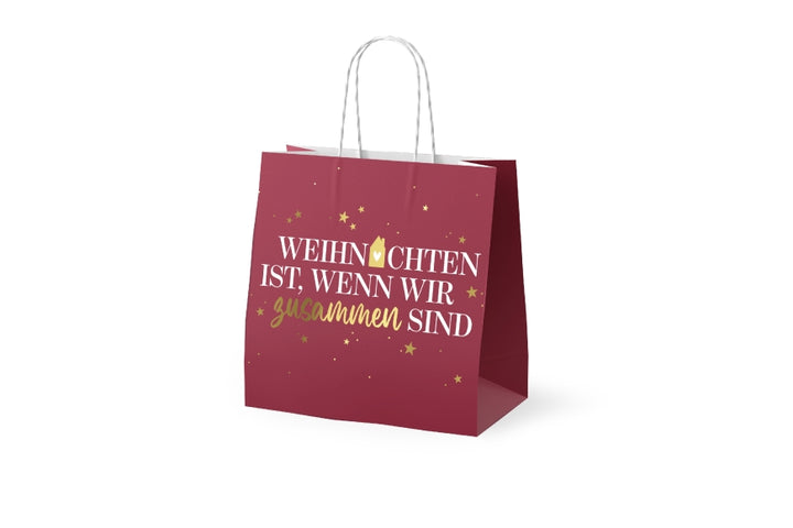 Mini-Geschenktüte Weihnachten ist wenn wir zusammen sind in Bordeauxrot mit goldenen Sternen, Papier 15 x 15 x 8 cm – Geschenk für Dich