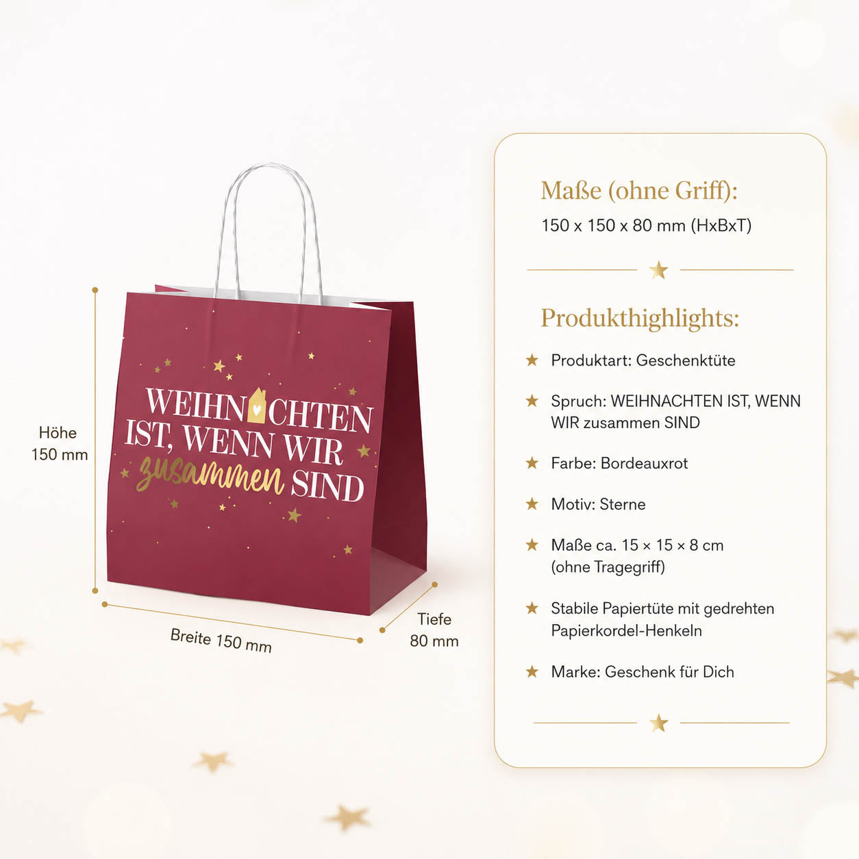 Mini-Geschenktüte Weihnachten zusammen sind – Maße und Produkthighlights, Papier mit Kordel-Henkeln
