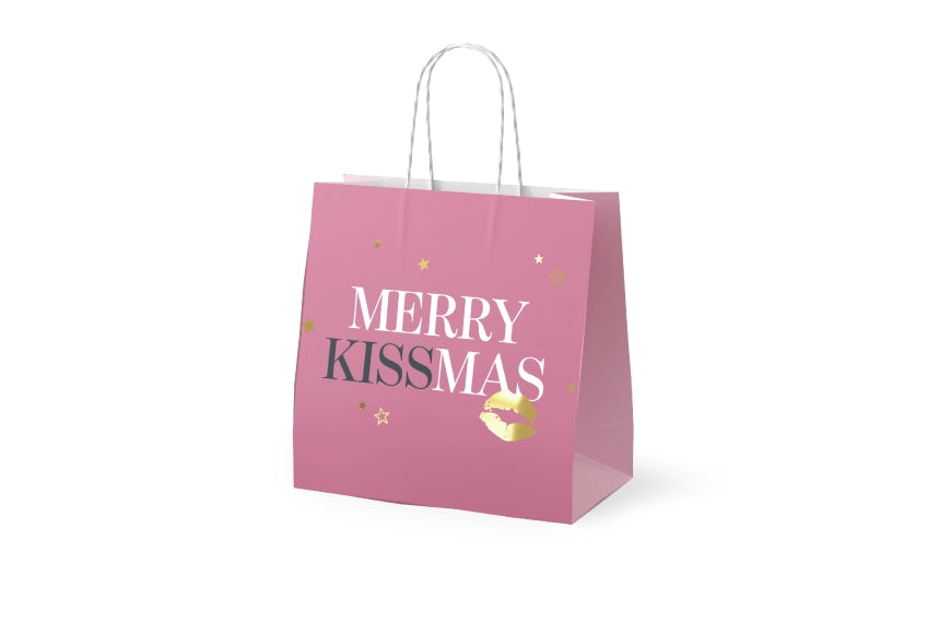Mini-Geschenktüte Merry Kissmas aus Papier in Rosa mit goldenem Kussmund und Sternen, 15 × 15 × 8 cm – Geschenk für Dich