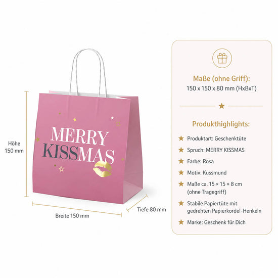 Mini-Geschenktüte Merry Kissmas – Produkthighlights, Papier, Maße 150 × 150 × 80 mm, Kordel-Henkel, Motiv Kussmund