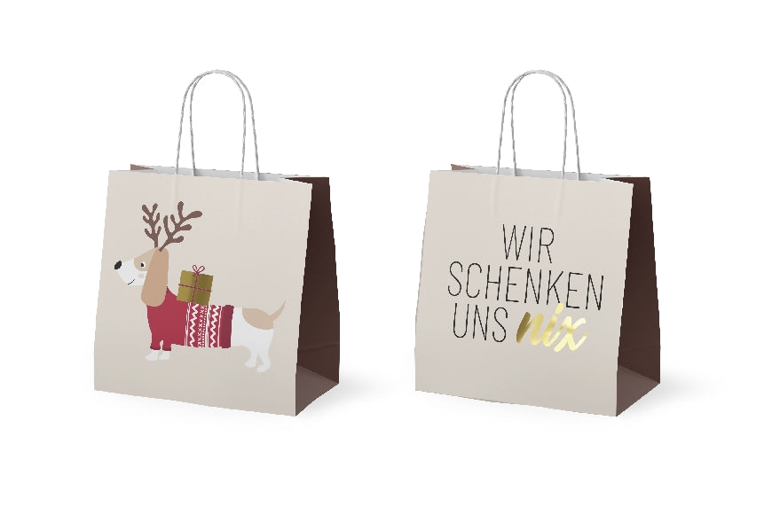 Geschenktüte klein mit Weihnachts-Dackel-Motiv & Aufschrift „Wir schenken uns nix“ von Geschenk für Dich