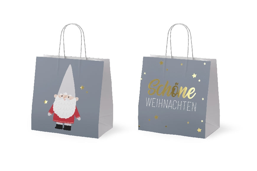 Kleine Geschenktüte aus Papier mit Weihnachts-Zwerg-Motiv & Aufschrift „Schöne Weihnachten“ von Geschenk für Dich