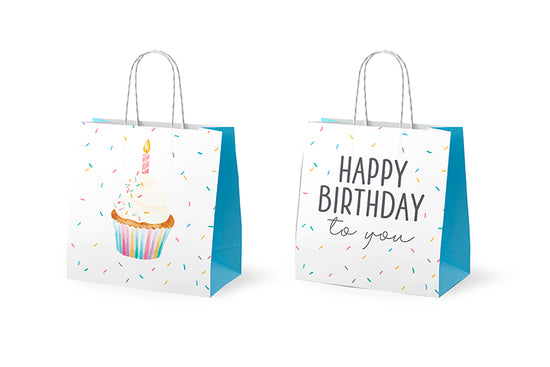 Mini-Geschenktüte „Happy Birthday to you“ – Törtchen vorne, Schrift hinten. Papierkordel, 15×15×8 cm von Geschenk für Dich