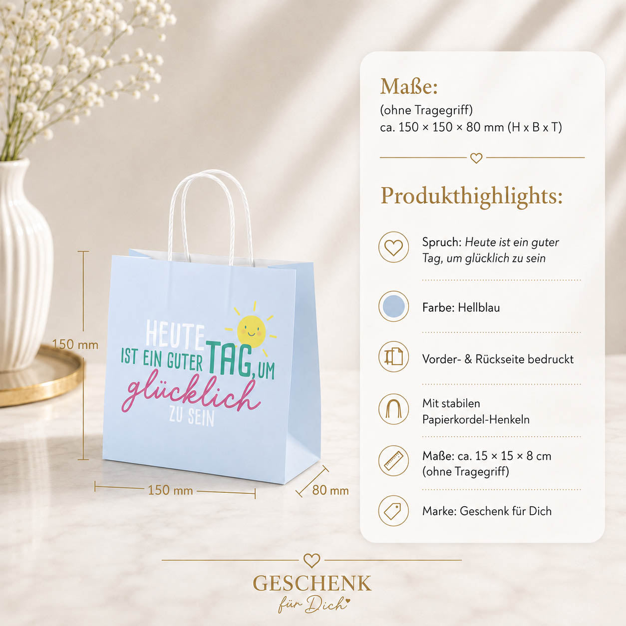 Mini Geschenktüte „Heute ist ein guter Tag, um glücklich zu sein“ Hellblau – Geschenk für Dich (Highlight)