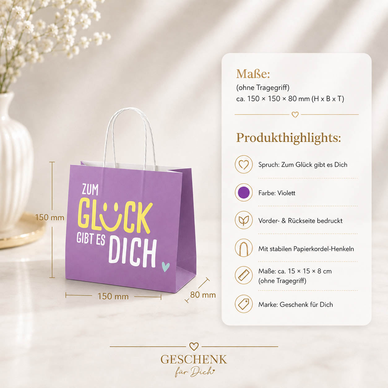 Mini Geschenktüte „Zum Glück gibt es Dich“ Violett – Geschenk für Dich (Highlight)