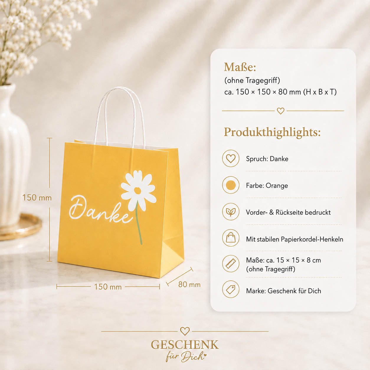 Mini Geschenktüte „Danke“ Orange mit Margerite – Geschenk für Dich (Highlight)