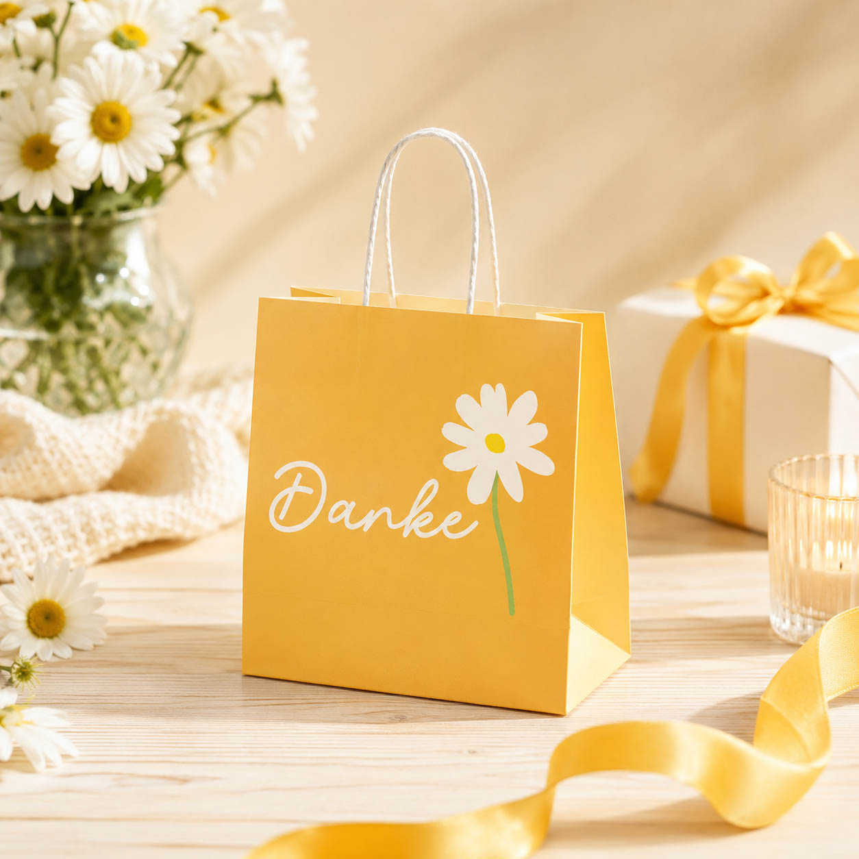 Mini Geschenktüte „Danke“ Orange mit Margerite – Geschenk für Dich (Moodbild)