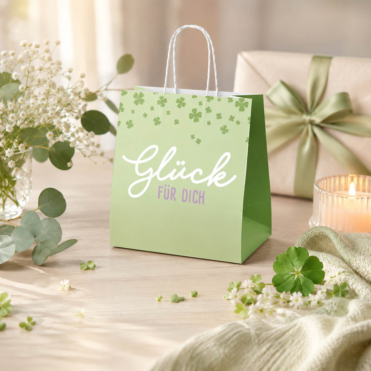 Mini Geschenktüte „Glück für Dich“ Grün mit Kleeblatt – Geschenk für Dich (Moodbild)