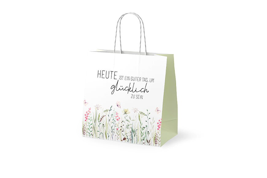 Mini-Geschenktüte Heute ist ein guter Tag um glücklich zu sein Weiß Salbeigruen mit floraler Wiesenillustration – Geschenk für Dich
