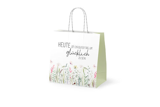 Mini-Geschenktüte Heute ist ein guter Tag um glücklich zu sein Weiß Salbeigruen mit floraler Wiesenillustration – Geschenk für Dich