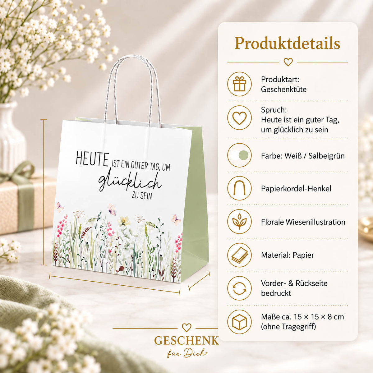 Mini-Geschenktüte Heute ist ein guter Tag – Maße und Produkthighlights Papier mit Kordel-Henkeln