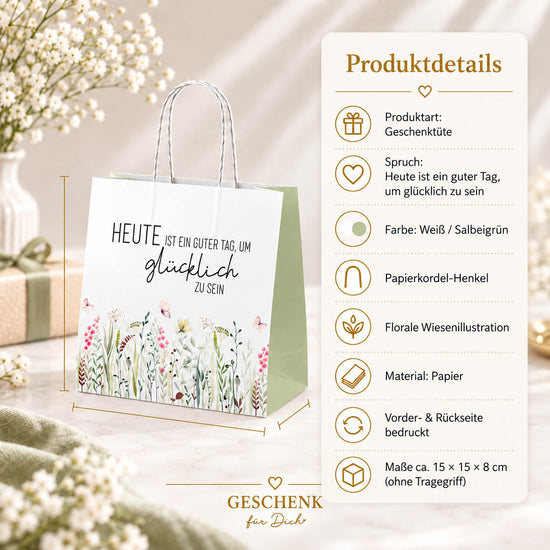 Mini-Geschenktüte Heute ist ein guter Tag – Maße und Produkthighlights Papier mit Kordel-Henkeln