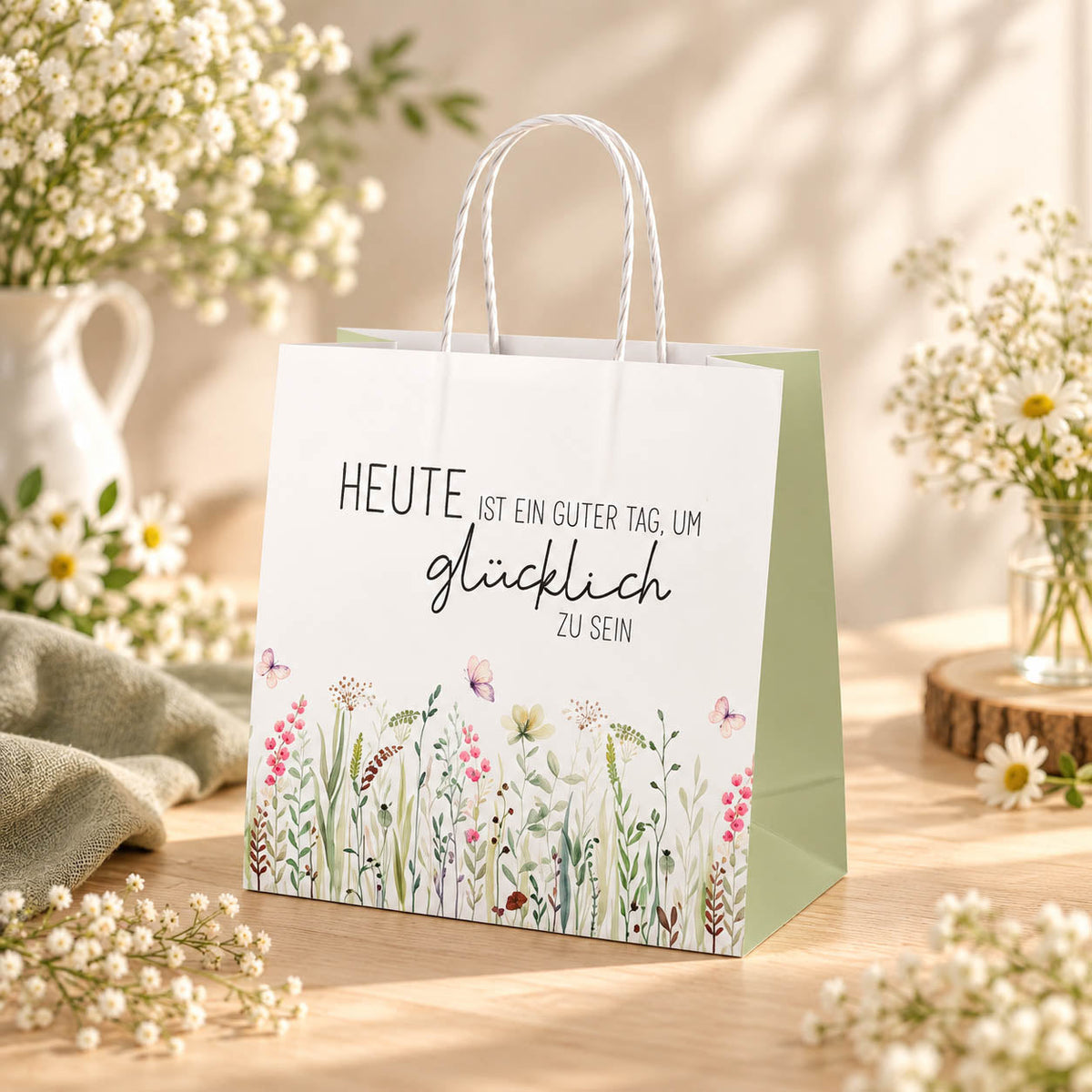 Mini-Geschenktüte Heute ist ein guter Tag um glücklich zu sein Weiß Salbeigruen stimmungsvoll – Geschenk für Dich