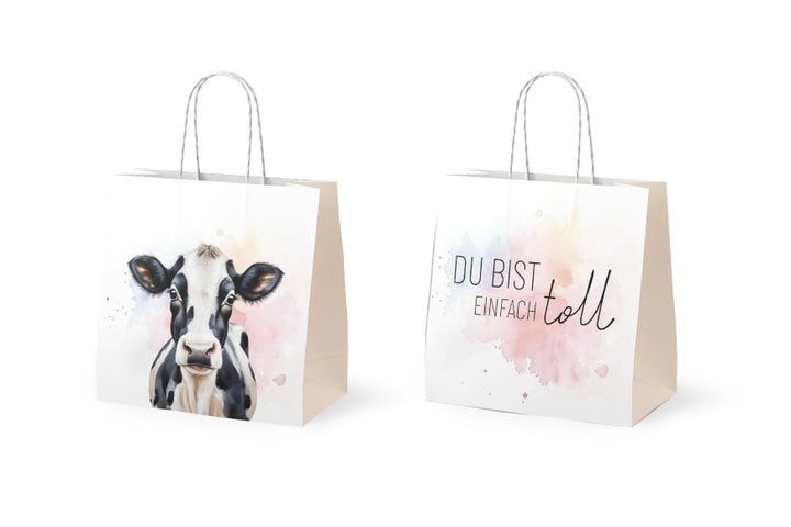Mini Geschenktüte „Du bist einfach toll“ mit süßer schwarz-weiße Kuh als Motiv von Geschenk für Dich