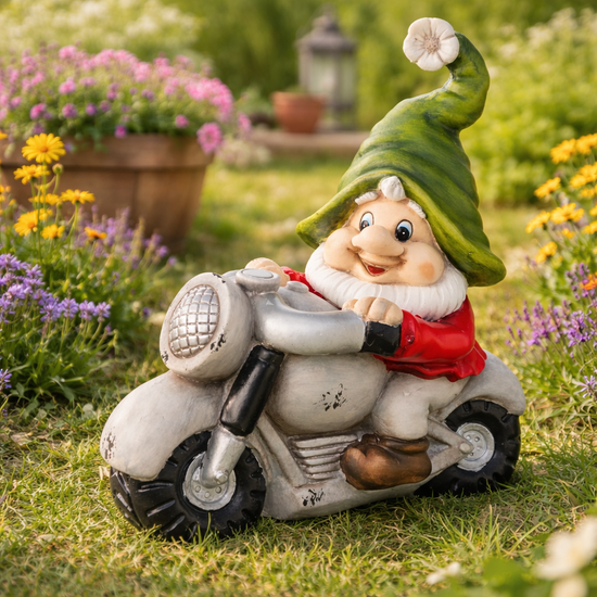 Gartenfigur „Zwerg auf Motorrad“ – Coole XXL Biker-Deko | Boltze | 41 cm