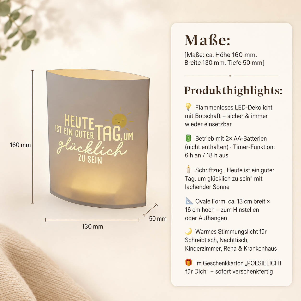 Produkthiglights Poesielicht LED-Dekolicht mit lachender Sonne und Spruch Heute ist ein guter Tag um glücklich zu sein – Happy Greetings