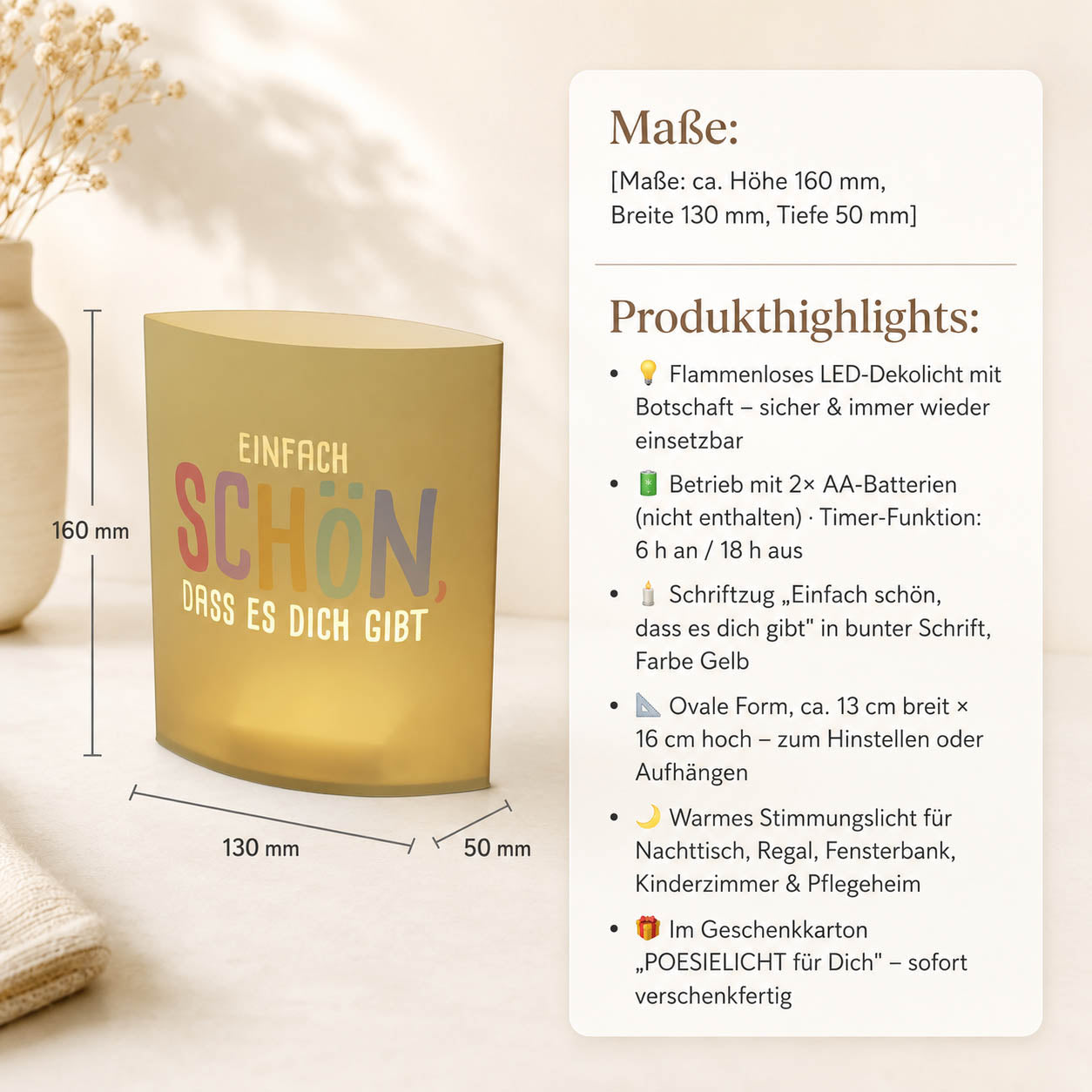 Maße & Produkthighlights Gelbes Poesielicht LED-Dekolicht mit buntem Schriftzug Einfach schön dass es dich gibt – Happy Greetings