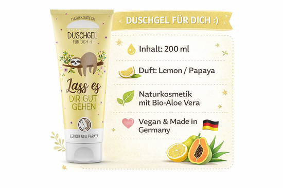 Naturkosmetik Duschgel mit Faultier-Motiv & Spruch „Lass es Dir gut gehen“ - Produktinfo