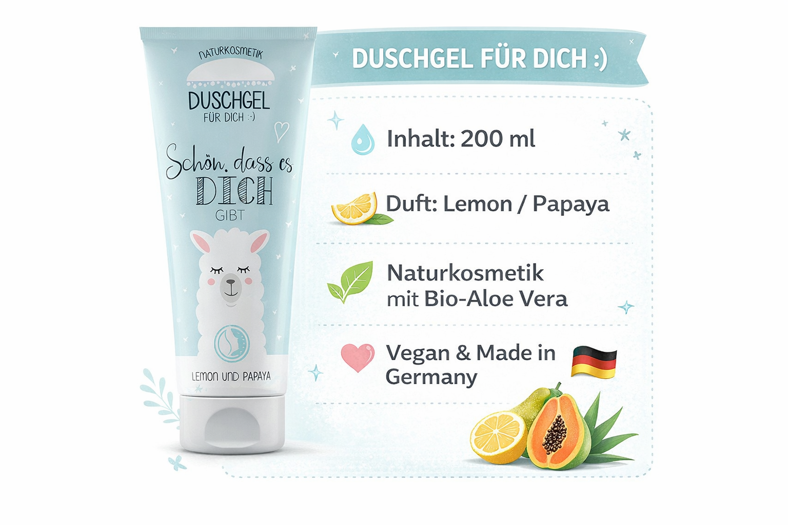 Naturkosmetik Duschgel mit Lama-Motiv & Spruch „Schön, dass es Dich gibt“ - Produktinfo