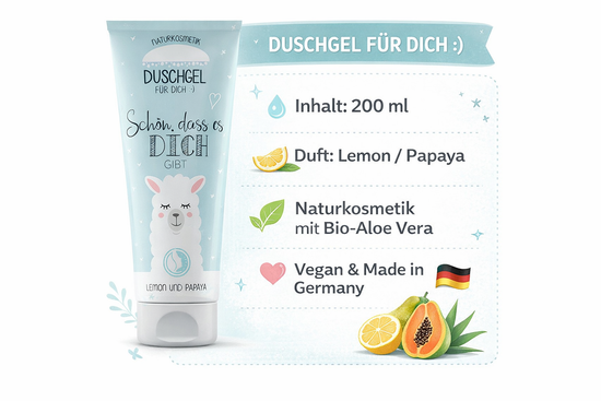 Naturkosmetik Duschgel mit Lama-Motiv & Spruch „Schön, dass es Dich gibt“ - Produktinfo
