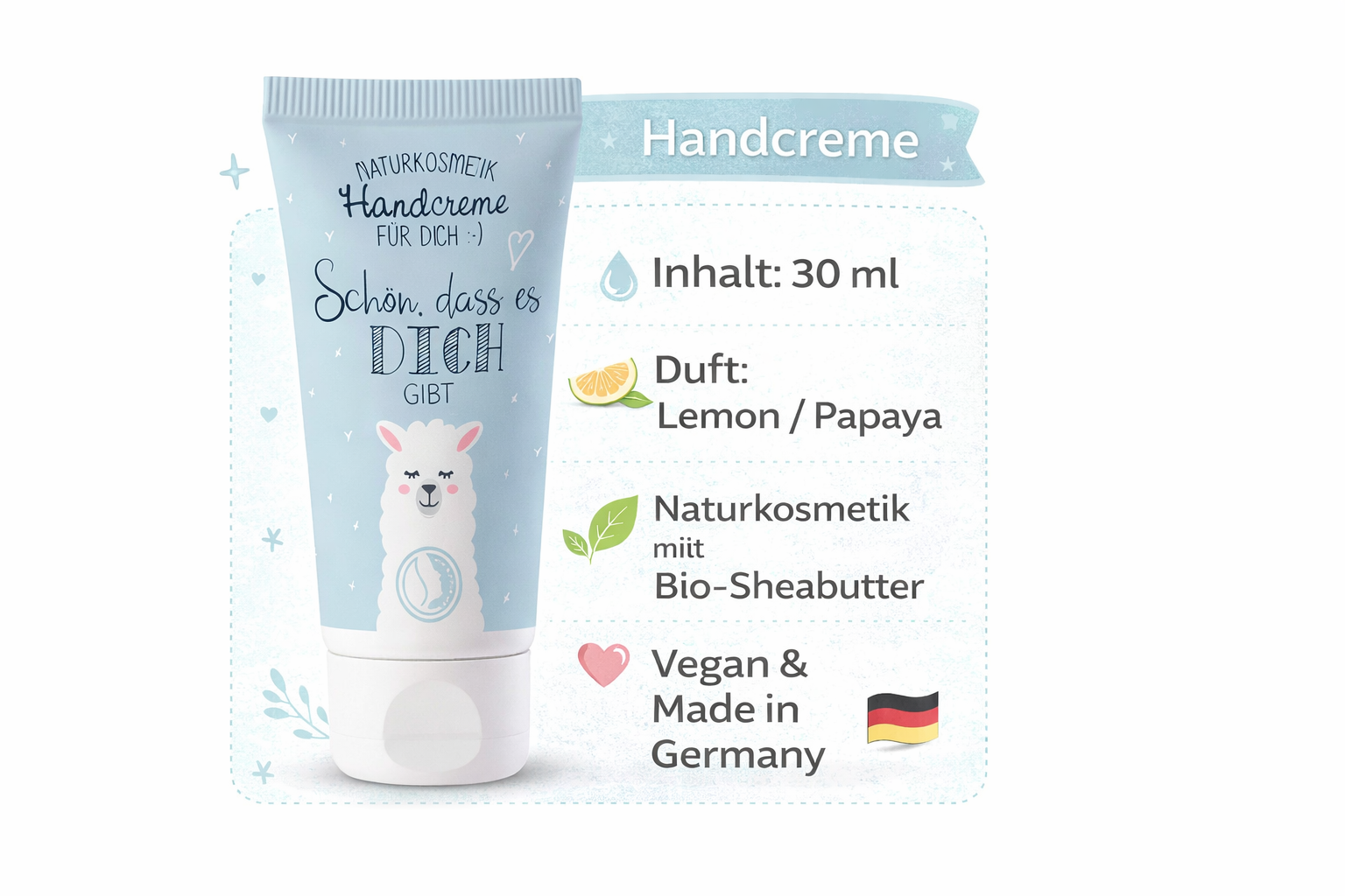 Produktinfo Naturkosmetik Handcreme mit süßen Faultier-Motiv & Aufschrift Schön, dass es Dich gibt von Geschenk für Dich