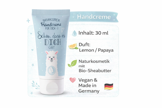 Produktinfo Naturkosmetik Handcreme mit süßen Faultier-Motiv & Aufschrift Schön, dass es Dich gibt von Geschenk für Dich