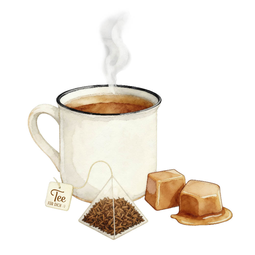 Aquarell-Illustration: dampfende Tasse Rooibos-Tee mit Teepyramide und Karamell – Geschenk für Dich