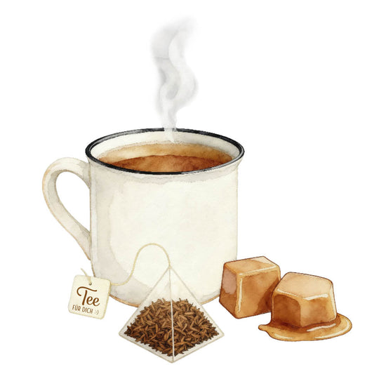 Aquarell-Illustration: dampfende Tasse Rooibos-Tee mit Teepyramide und Karamell – Geschenk für Dich