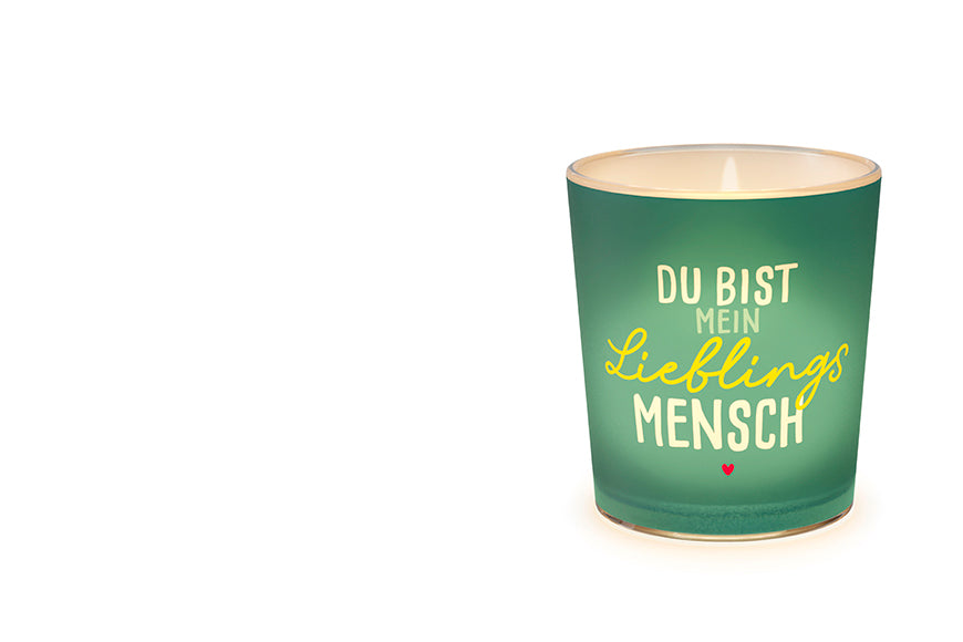 Petrolfarbenes Windlicht mit Spruch Du bist mein Lieblingsmensch und kleinem Herz – Happy Greetings