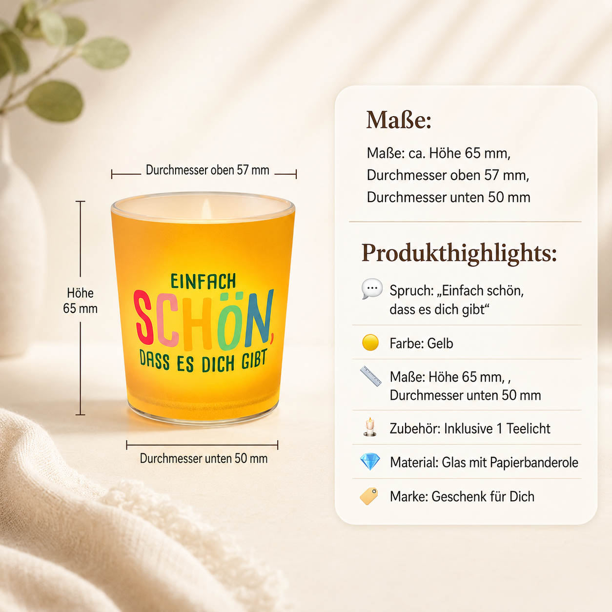 Gelbes Windlicht mit buntem Schriftzug Einfach schön dass es dich gibt – Happy Greetings - Maße