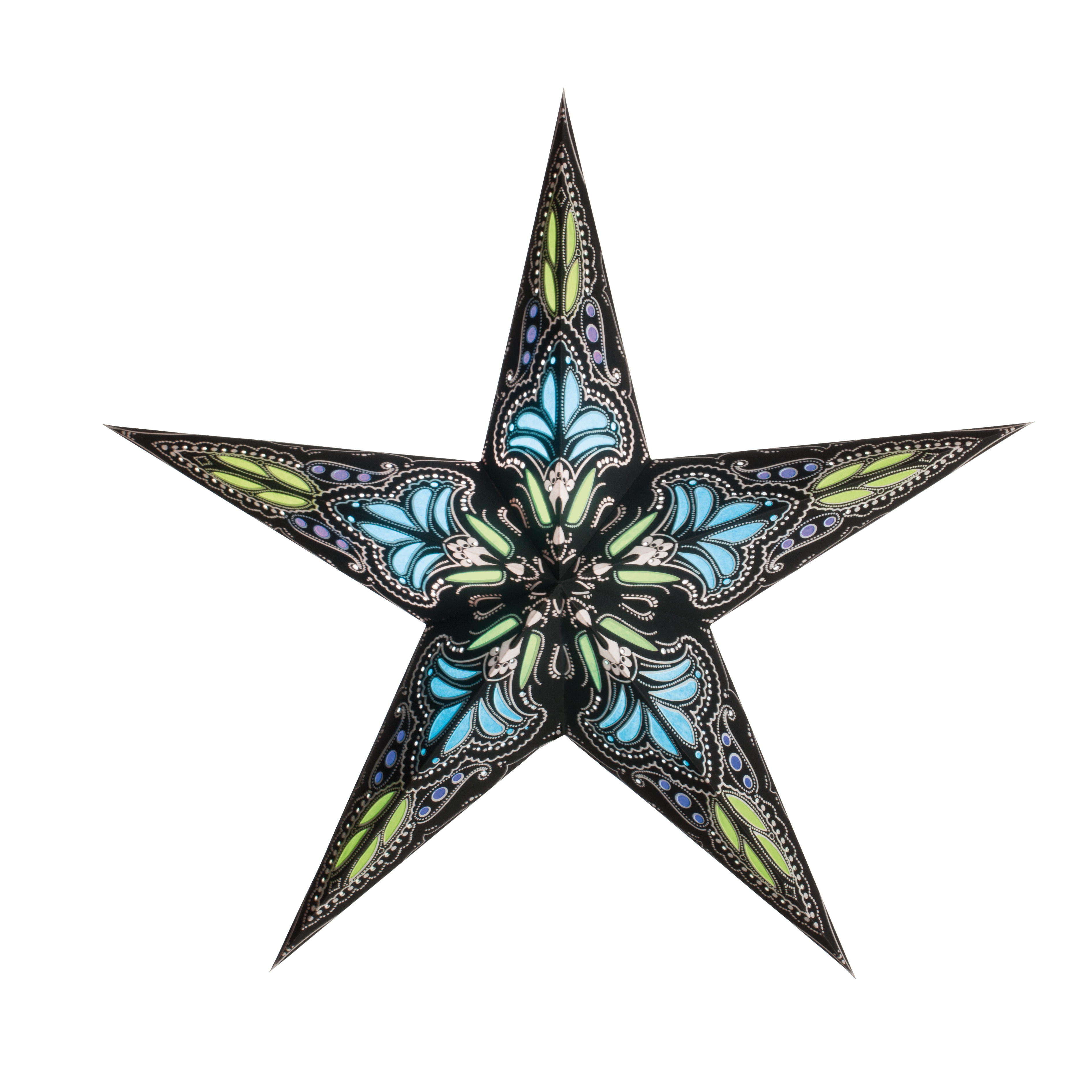Earth Friendly Starlightz Weihnachtsstern jaipur small black/turquoise, D45cm, 5 Zacken, Papierstern, Leuchtstern, Handarbeit, 4046833301187