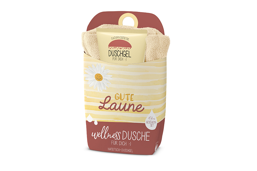 Geschenkset Wellness Dusche (Duschgel + Frottee Handtuch) "Gute Laune", 108774, 4027268300235, Geschenk für Dich :-)