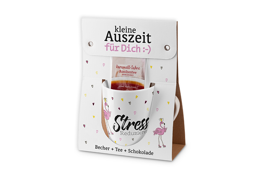Kleine Auszeit Becher Tasse + Tee + Schokolade "Stressreduzierer" Flamingo, 960674, 4027268272648, Geschenk für Dich :-)