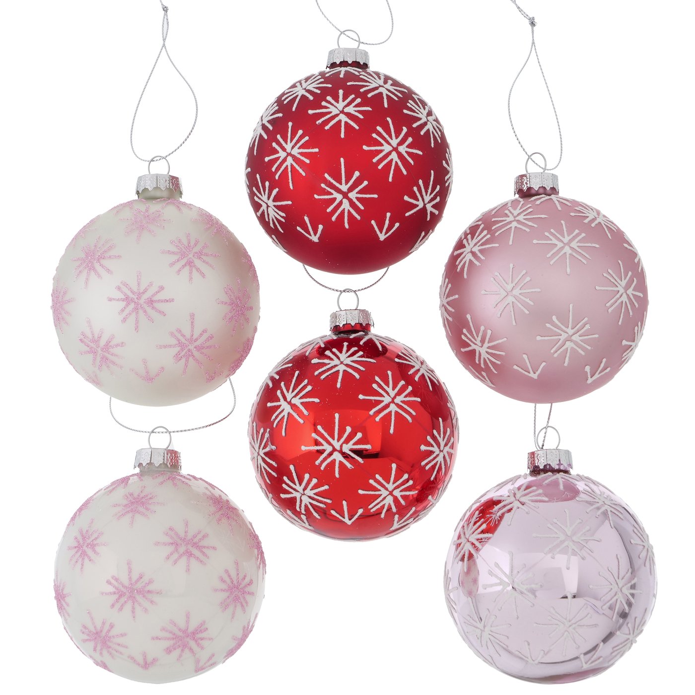 Glas Weihnachtskugel "Schneeflocke" rot rosa weiß 12er Set - D 8cm, 2012121, 4020607893962, Weihnachtsbaumkugel, Christbaumkugel