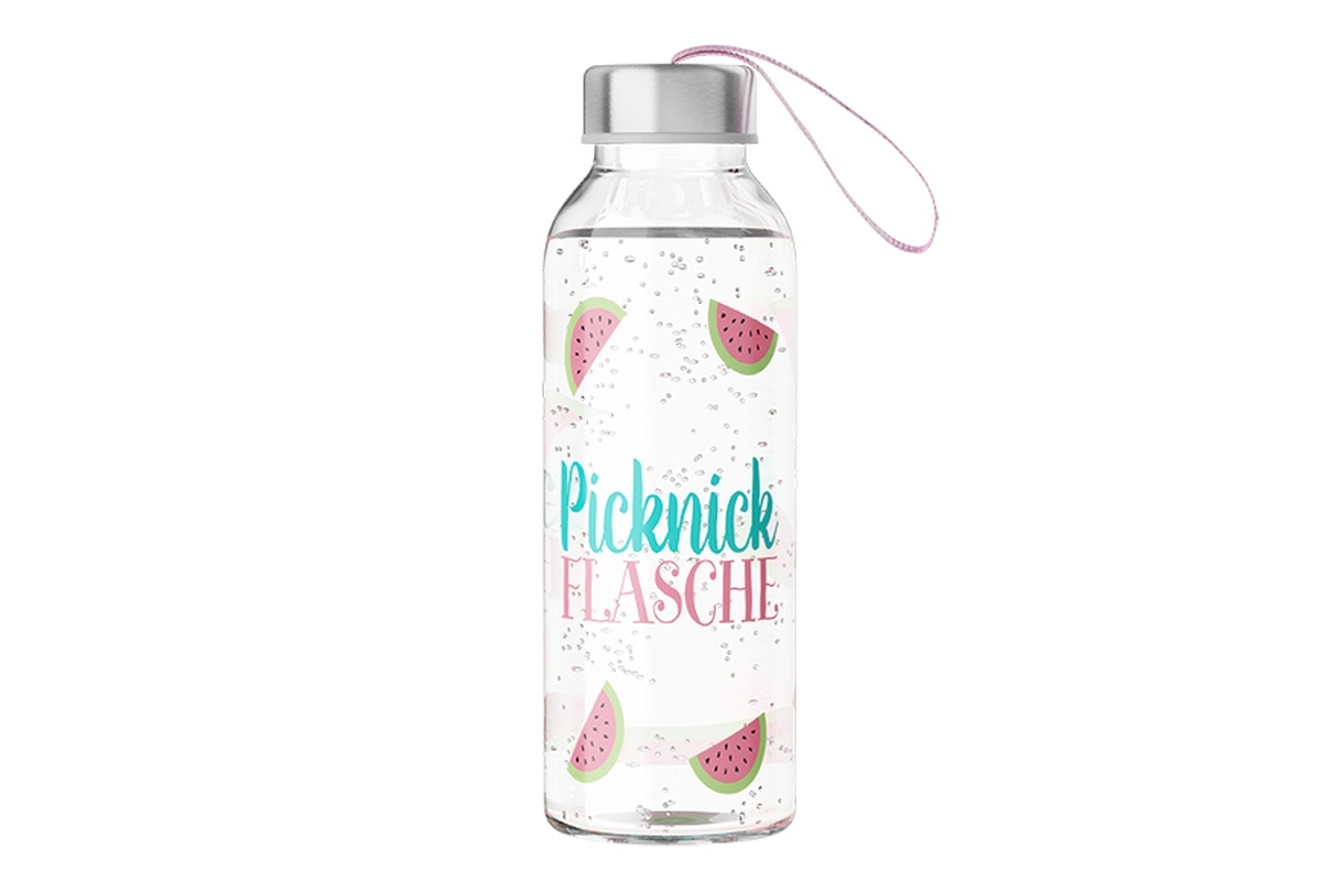 Glas Trinkflasche mit Verschluss und Motiv / Spruch "Picknick Flasche"