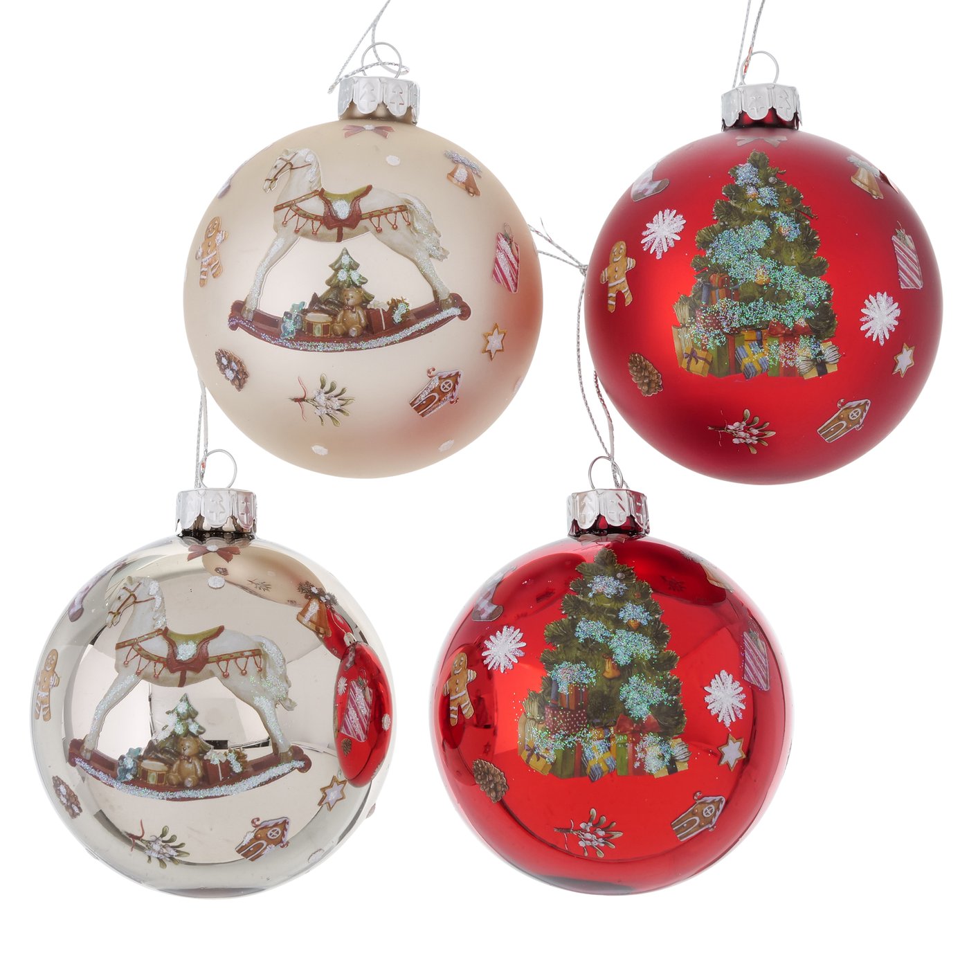 Glas Weihnachtskugel rot beige Motiv Schaukelpferd Weihnachtsbaum 12er Set - D 8cm, 2012036, 4020607893122