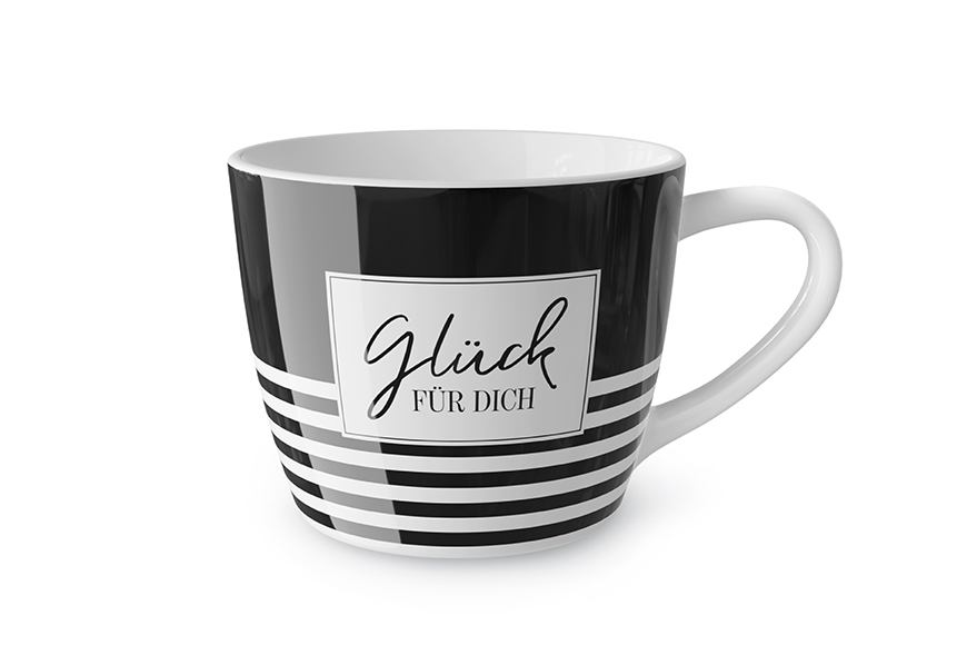 Jumbobecher Teetasse, Becher mit Spruch "Glück für Dich" schwarz weiß, 910571, 4027268313617, Geschenk für Dich :-)