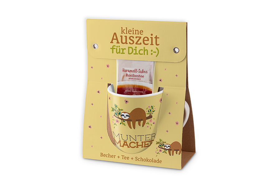 Kleine Auszeit Becher Tasse + Tee + Schokolade "Muntermacher" Faultier, 960677, 4027268272655, Geschenk für Dich :-)