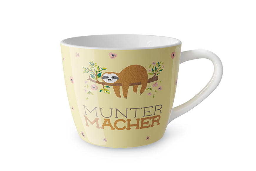 Jumbobecher Teetasse, Becher mit Spruch "Muntermacher" Faultier, 910677, 4027268313372, Geschenk für Dich :-)