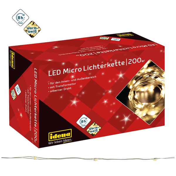 200er Micro LED Lichterkette mit Stecker warmweiß, Drahtlichterketter, 31857, 4002372000813