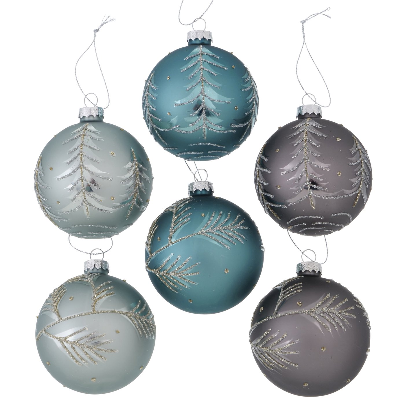 Glas Weihnachtskugel blau grau türkis silber mit Zweigen, 2012099, 4020607893757, Christbaumkugeln, Weihnachtsbaumkugeln