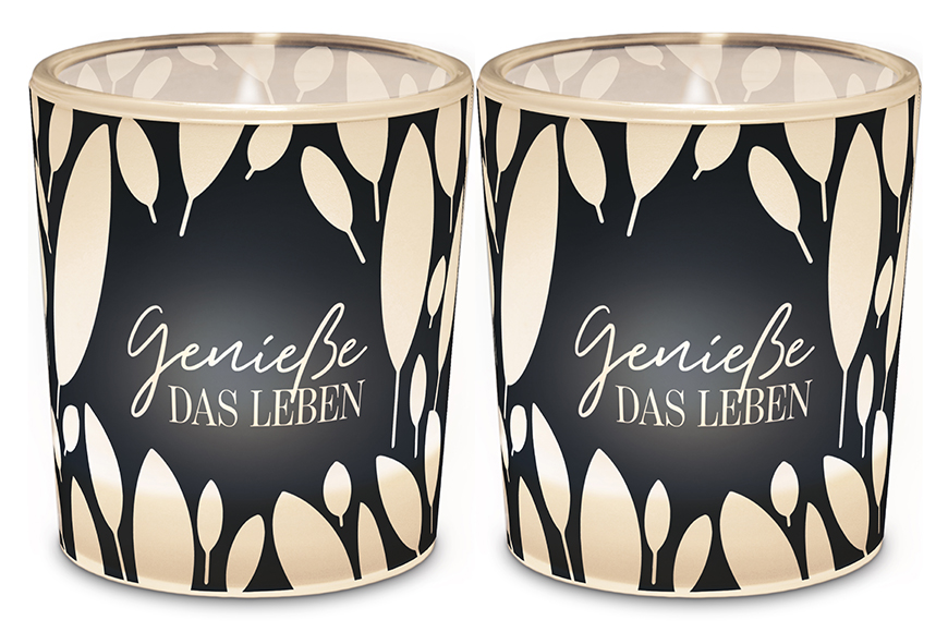 Glas Windlicht Kerzenglas mit Botschaft Spruch "Genieße das Leben" schwarz weiß, 640574, 4027268314720, Geschenk für Dich :-) Online Shop Malou❤️