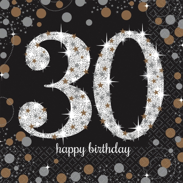 Papier Servietten zum 30. Geburtstag "Happy Birthday" schwarz, silber, gold
