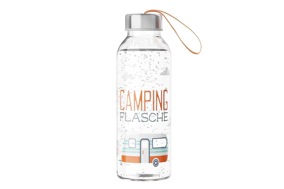 Glas Trinkflasche Glasflasche mit Verschluss und Motiv / Spruch "Camping Flasche"